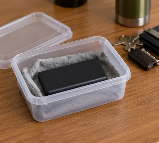 Power bank preto acomodado separadamente em um pequeno recipiente, longe de chaves e outros objetos metálicos