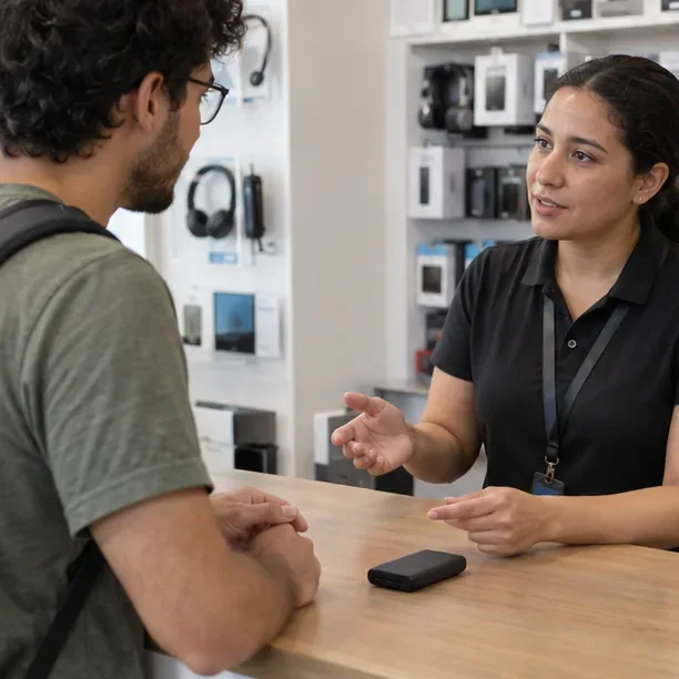 Cliente conversa com uma atendente em um balcão de loja de eletrônicos, com um power bank sobre o balcão