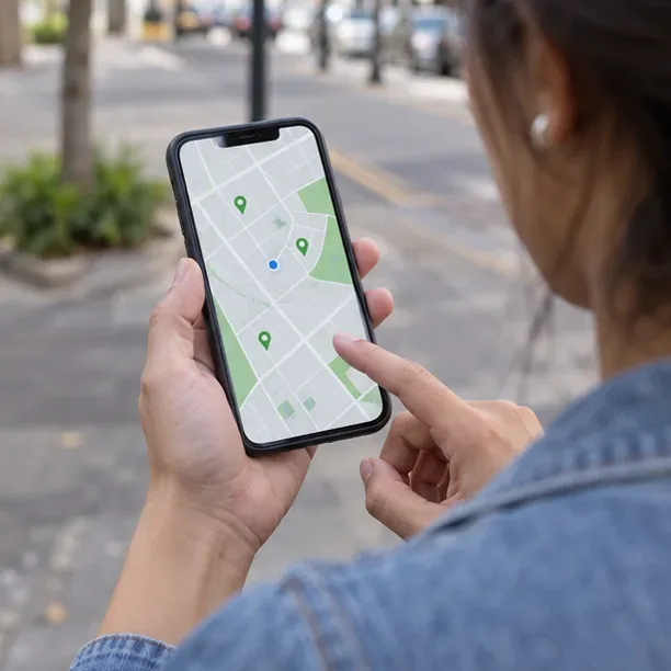Pessoa consulta no celular um mapa simples com marcadores de pontos próximos