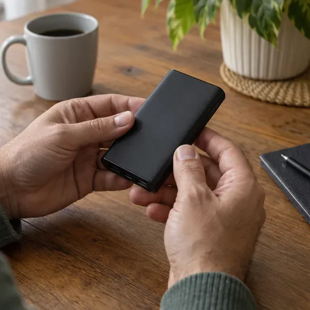 Mãos seguram e examinam a carcaça lisa de um power bank preto sobre uma mesa