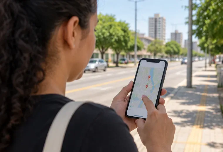 Pessoa consulta no celular um mapa com pontos de destino antes de sair para entregar o power bank