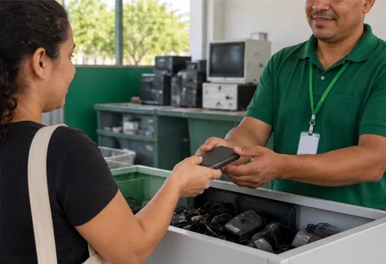 Pessoa entrega um power bank a um funcionário em um ponto de recebimento de equipamentos eletrônicos