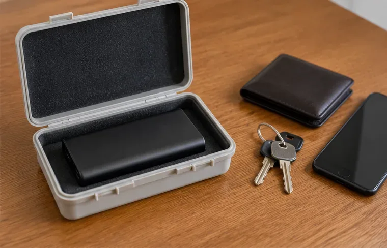 Power bank colocado sozinho em uma caixa rígida acolchoada sobre uma mesa, preparado para transporte