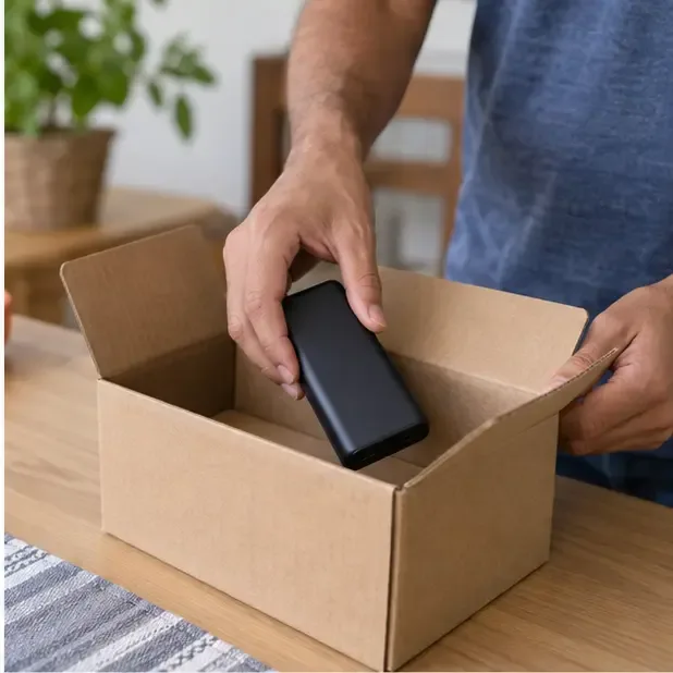 Power bank colocado em uma pequena caixa de papelão para ser levado a um ponto de recebimento