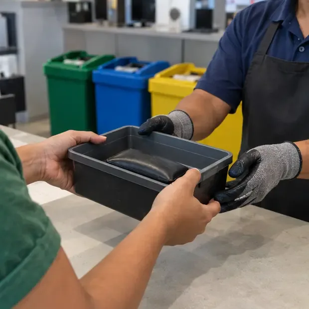 Funcionário usando luvas recebendo uma power bank estufada dentro de um recipiente rígido em um balcão de coleta de eletrônicos