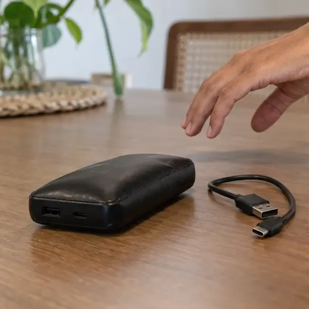 Power bank preta visivelmente estufada e desligada sobre uma mesa, com o cabo de carregamento desconectado ao lado