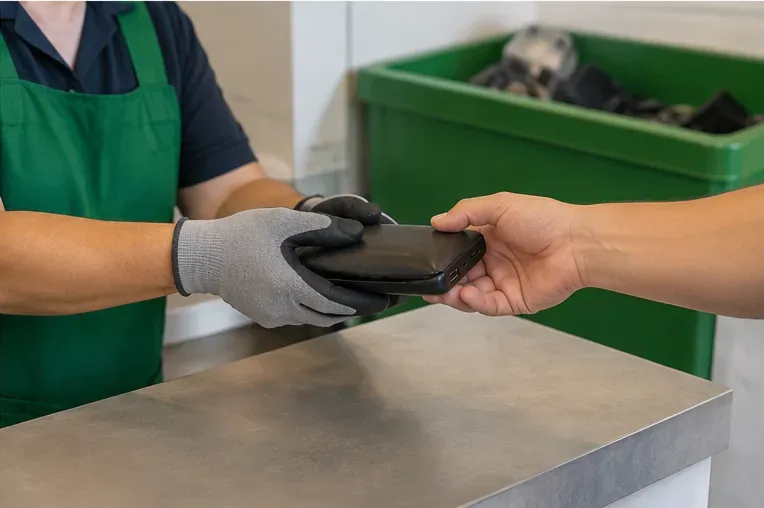 Pessoa entregando um power bank estufado a um atendente com luvas em um balcão de recebimento de resíduos eletrônicos