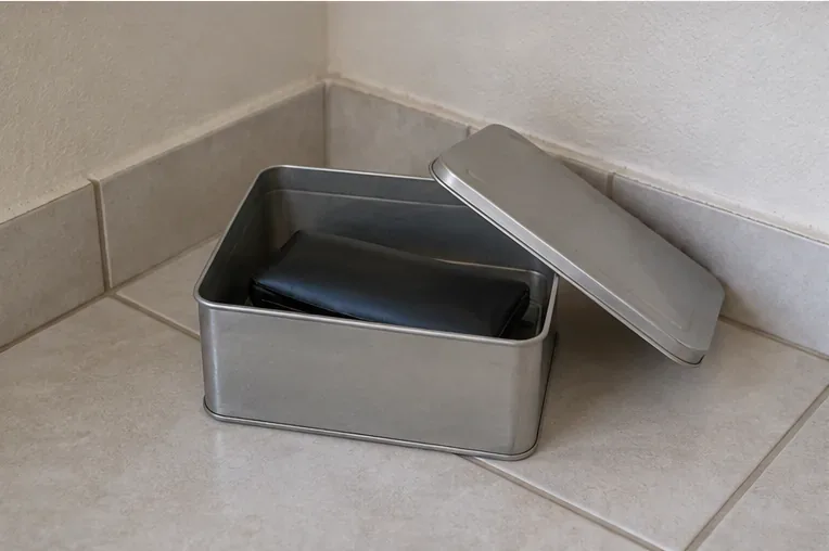 Power bank estufado apoiado dentro de uma caixa metálica aberta em um canto de piso frio, longe de objetos combustíveis
