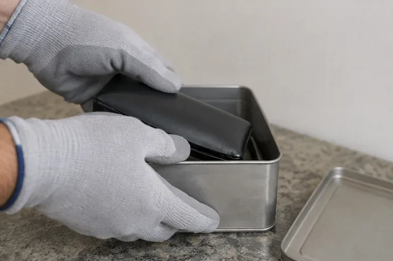 Mãos com luvas colocando cuidadosamente um power bank estufado dentro de uma caixa metálica rígida