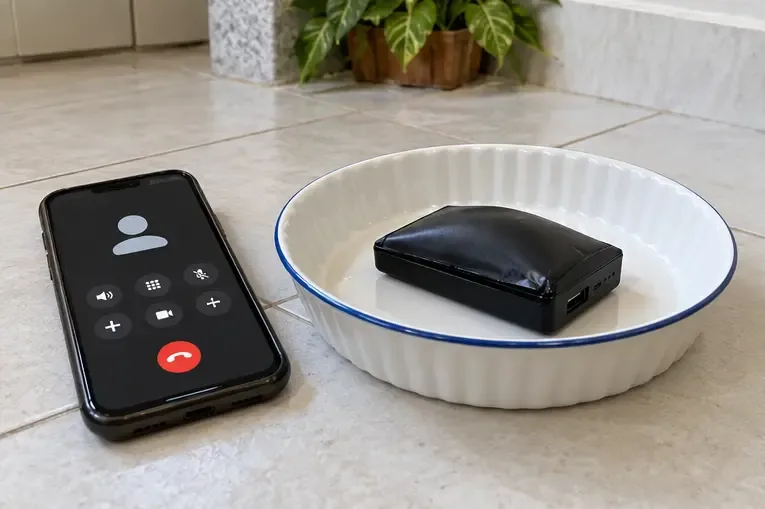 Telefone com tela genérica de chamada ao lado de um power bank deformado, que permanece sem ser tocado em uma travessa de cerâmica