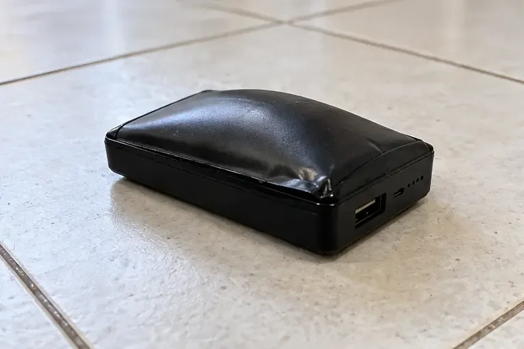 Power bank preto com a carcaça elevada e aberta na junção, desconectado sobre um piso claro de cerâmica
