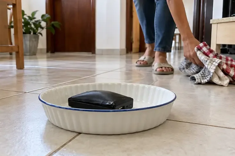 Power bank estufado repousando sem ser tocado dentro de uma travessa de cerâmica sobre piso frio, enquanto uma pessoa afasta um pano