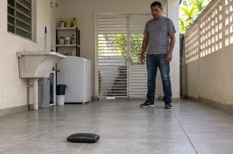 Morador mantém distância de um power bank estufado isolado em uma área ventilada, sem carregá-lo ou tocá-lo