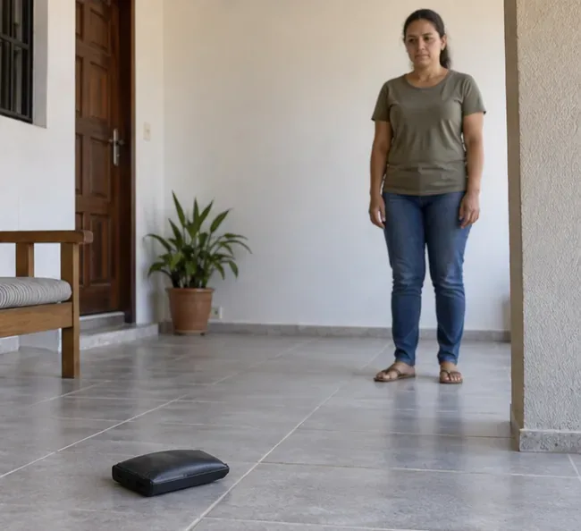 Moradora mantém distância de um power bank estufado que está desligado no piso, sem tentar carregá-lo ou manipulá-lo.