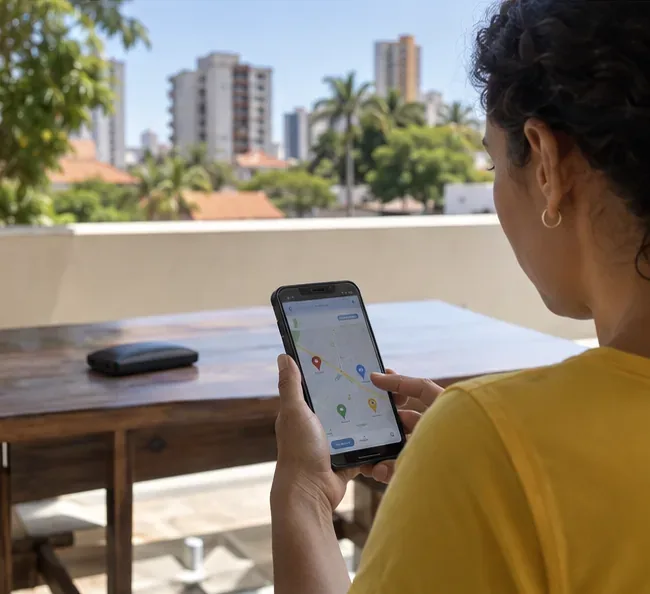 Pessoa consulta um localizador de pontos de reciclagem no celular enquanto mantém um power bank isolado sobre uma mesa.