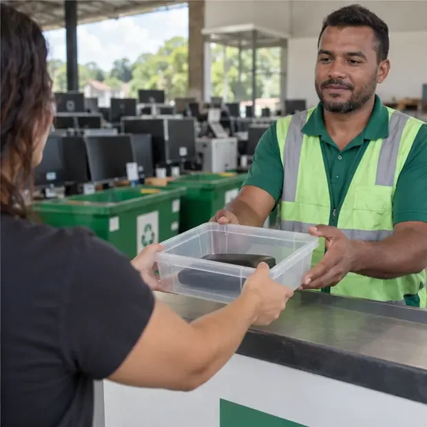 Funcionário de uma área de recebimento de eletrônicos recebe um recipiente com power bank estufado
