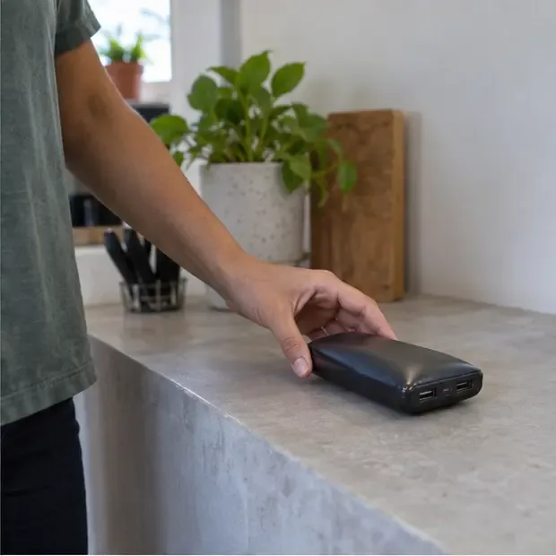 Pessoa deixando um power bank estufado sobre uma superfície seca e afastada de fontes de calor