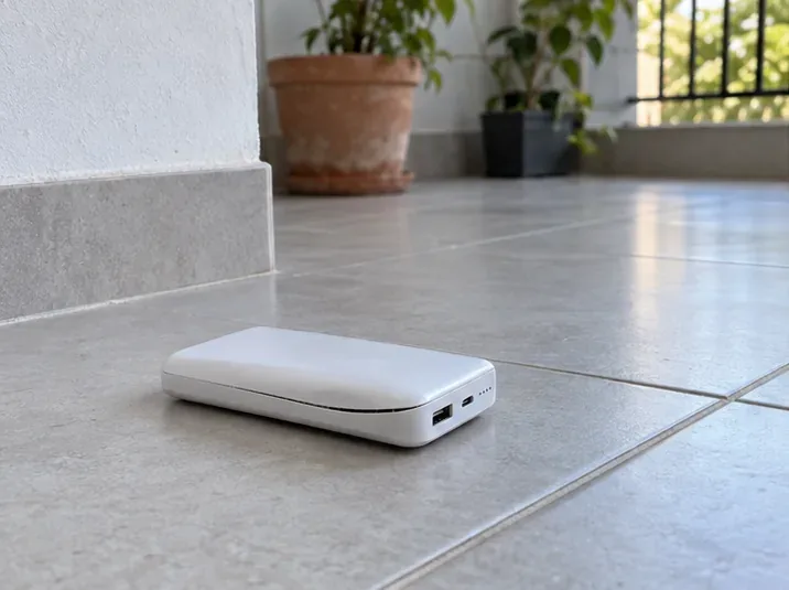 Power bank estufado isolado sobre um piso de cerâmica, em local seco e ventilado, longe de tecidos e papéis
