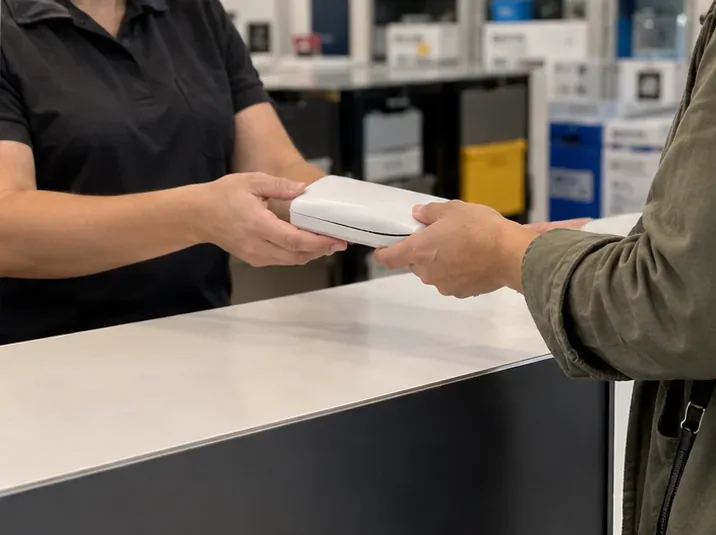 Pessoa entregando um power bank estufado a um funcionário em um balcão neutro de recebimento de eletrônicos