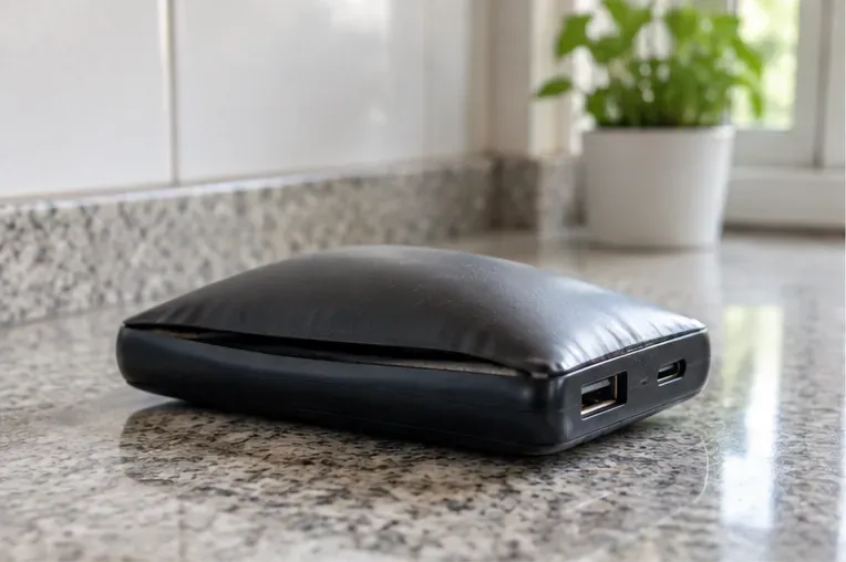 Power bank visivelmente estufado, com a carcaça aberta pela expansão interna, apoiado sobre uma superfície rígida.