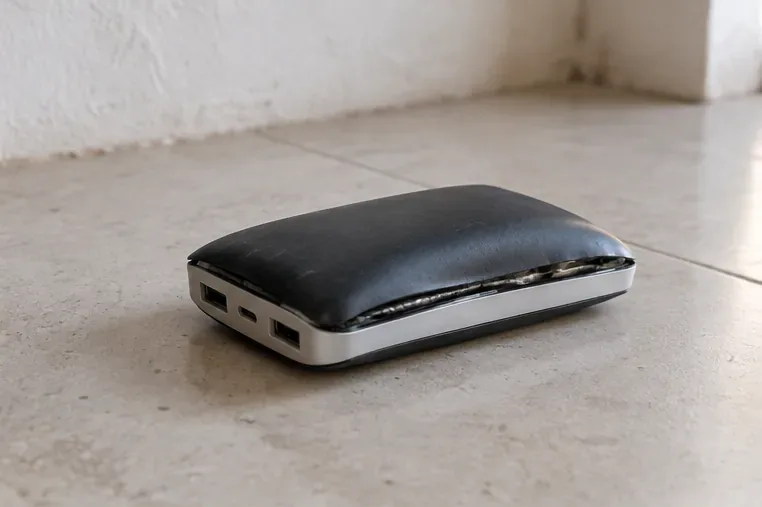 Power bank estufado apoiado sozinho sobre piso cerâmico claro, afastado de objetos combustíveis