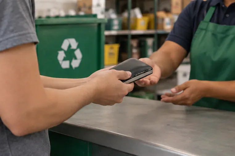 Pessoa entregando um power bank estufado a um atendente em um ponto de recebimento de resíduos eletrônicos