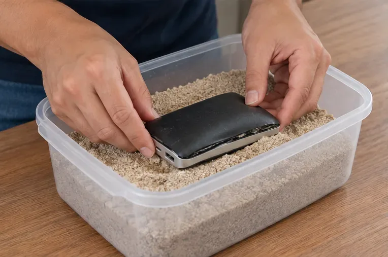 Pessoa acomodando cuidadosamente um power bank estufado em recipiente plástico aberto com areia para isolamento temporário