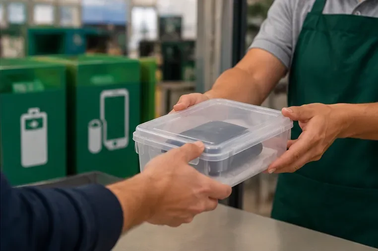 Pessoa entregando a um atendente uma caixa contendo um power bank, diante de coletores destinados a baterias e eletrônicos