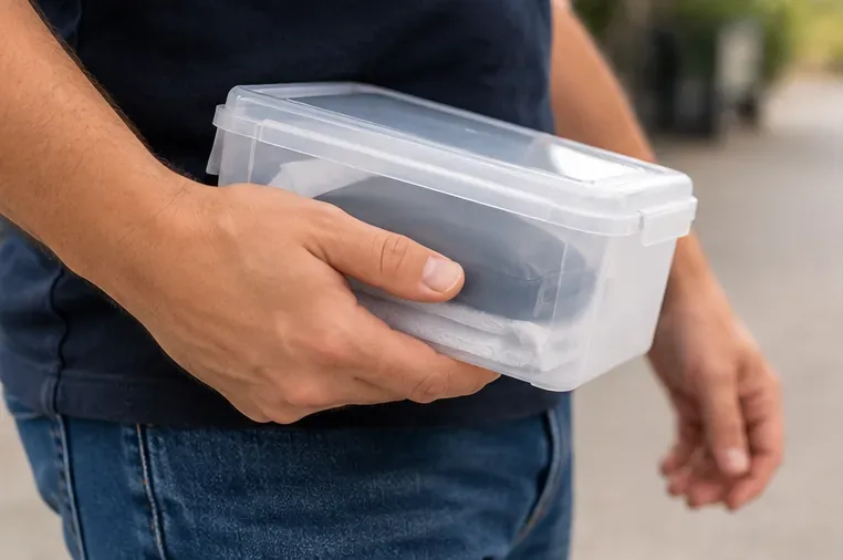 Pessoa carregando uma pequena caixa plástica fechada com um power bank isolado em seu interior