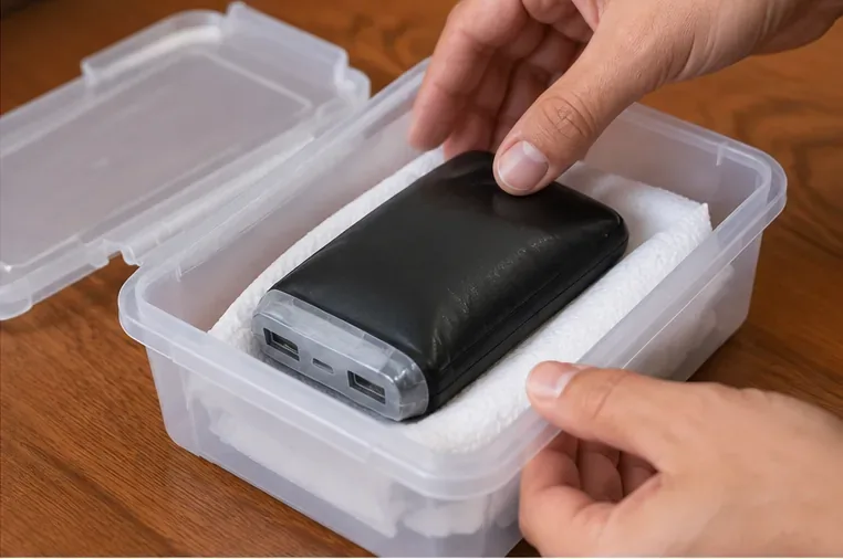 Power bank estufado colocado com cuidado em uma caixa plástica individual com material de proteção ao redor, sem pressão sobre a carcaça