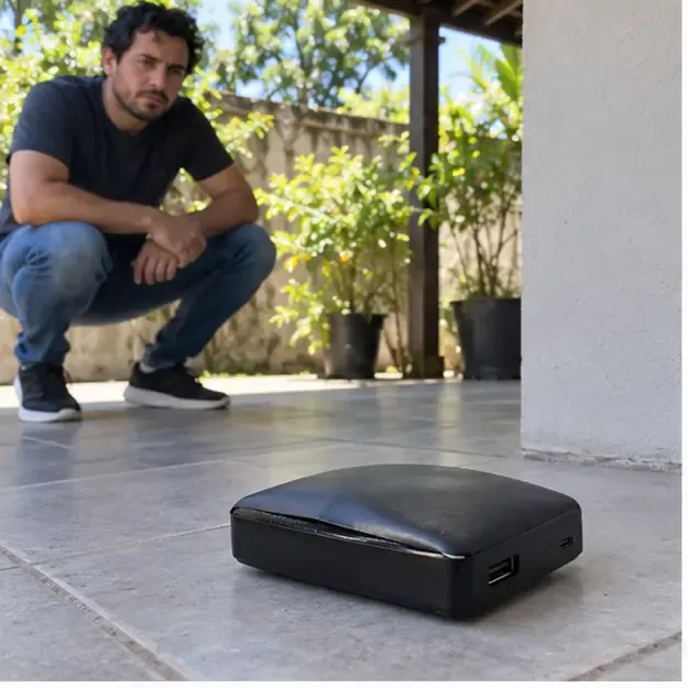 Power bank preto com a carcaça visivelmente estufada em piso cerâmico, observado à distância por uma pessoa