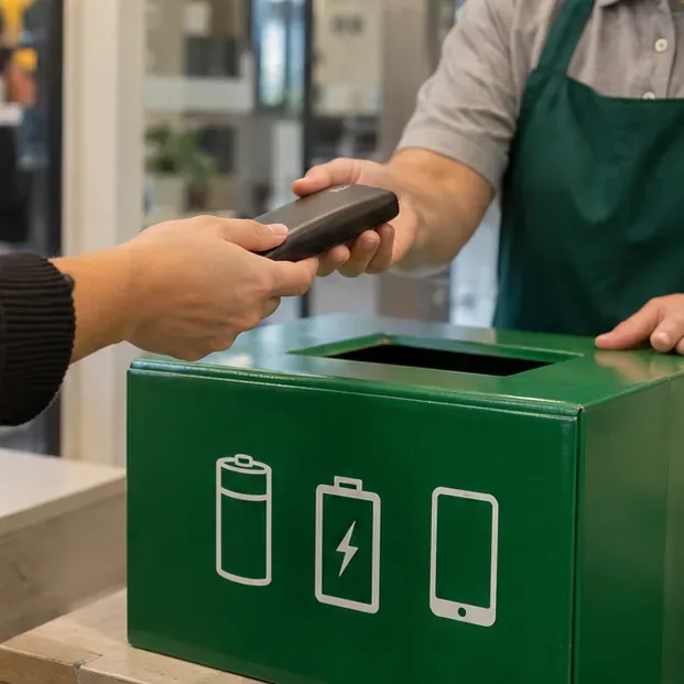 Pessoa entregando um power bank a um atendente junto a um coletor verde para baterias e eletrônicos
