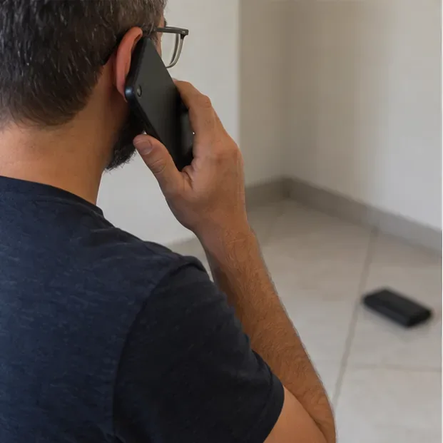 Pessoa telefonando para confirmar orientações de descarte enquanto o power bank permanece isolado ao fundo