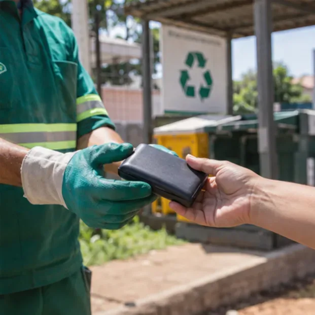 Trabalhador com luvas recebendo um power bank em um ponto de coleta de resíduos eletrônicos