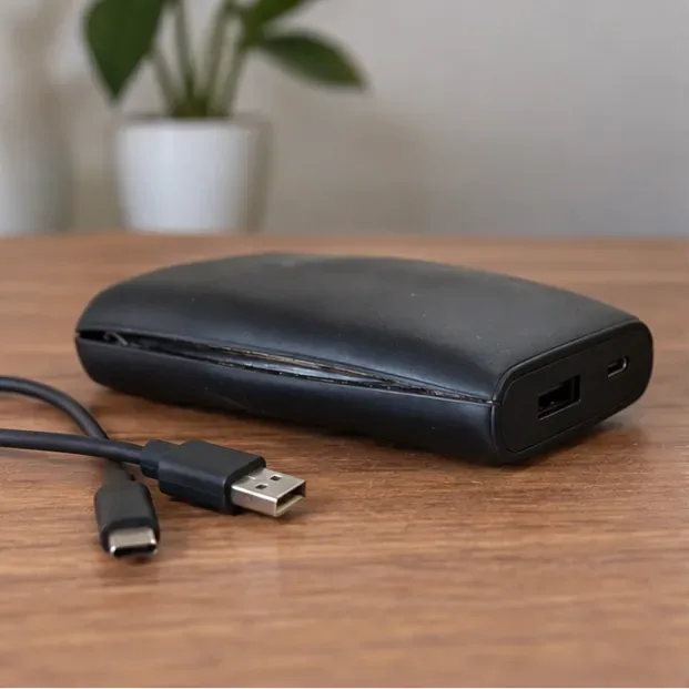 Power bank preto visivelmente estufado sobre uma mesa, com o cabo desconectado ao lado