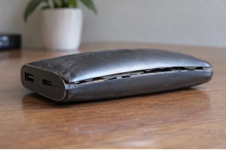 Power bank estufado sobre uma superfície plana, com a carcaça separada pelo inchaço