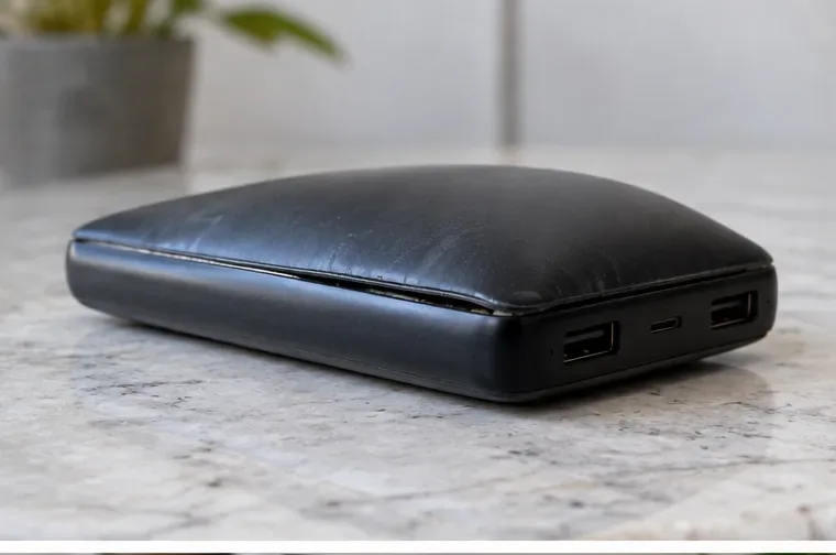 Power bank preto com a carcaça visivelmente estufada e aberta nas laterais
