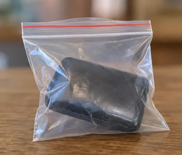 Power bank estufado isolado dentro de um saco transparente sobre uma mesa