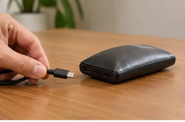 Mão desconectando um cabo USB-C de um power bank visivelmente estufado sobre uma mesa