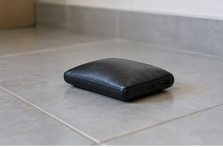 Power bank estufado sozinho sobre piso de cerâmica, afastado de outros objetos