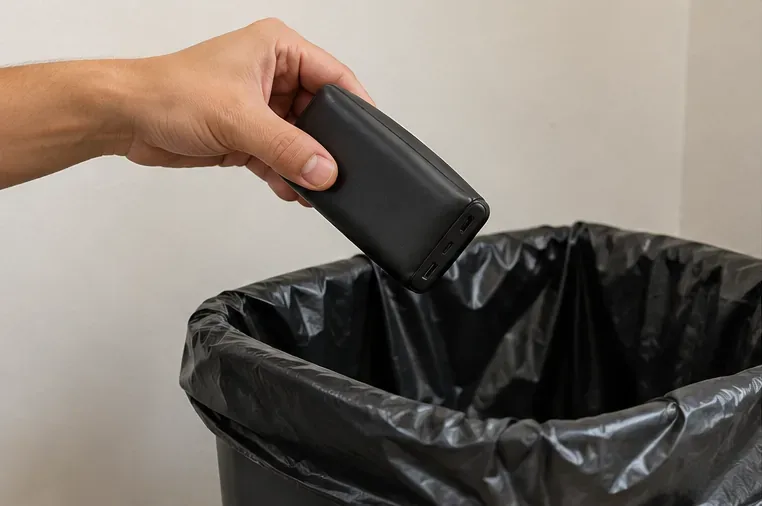 Power bank sendo mantido acima de uma lixeira comum para ilustrar que não deve ser jogado ali