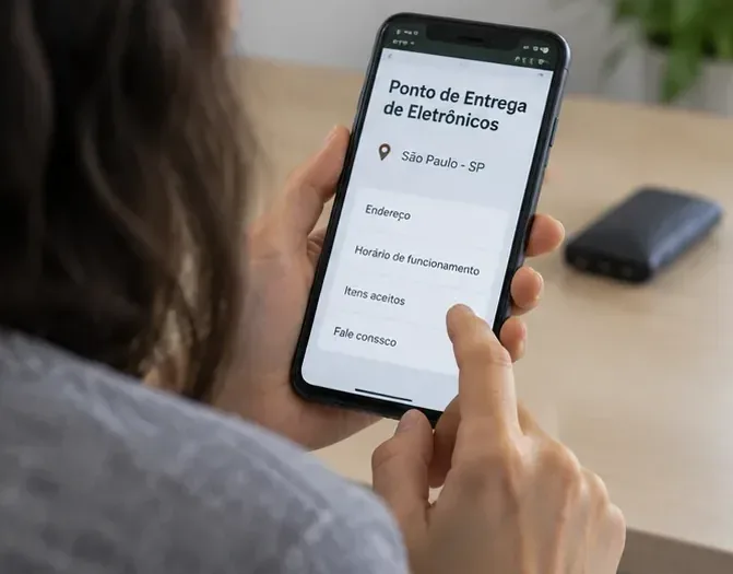 Uma pessoa consulta no celular informações de um ponto de entrega de eletrônicos em São Paulo antes de levar um power bank danificado.
