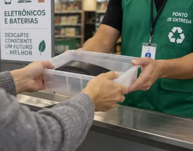 Uma pessoa entrega um power bank danificado diretamente a um funcionário de um ponto de recebimento de eletrônicos e baterias, em vez de deixá-lo em um coletor sem supervisão.