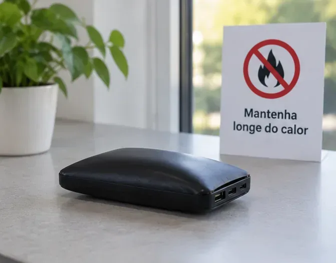 Um power bank estufado permanece sobre uma superfície rígida e sem materiais combustíveis por perto, ao lado de um aviso para mantê-lo longe do calor.