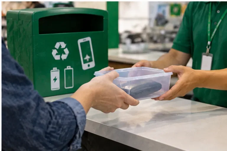 Pessoa entregando um recipiente com power bank a um funcionário em um ponto de coleta de eletrônicos e baterias