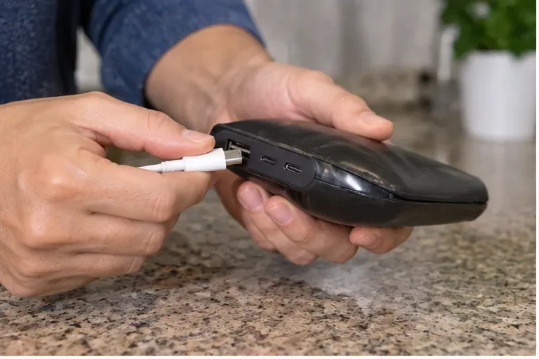 Mãos desconectando com cuidado o cabo de um power bank visivelmente estufado sobre uma bancada firme