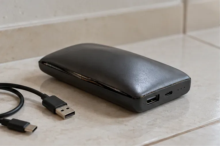 Power bank preto visivelmente estufado sobre uma superfície de pedra, com o cabo desconectado ao lado