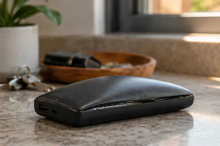 Power bank estufado apoiado sozinho sobre uma bancada de pedra, afastado de fontes de calor