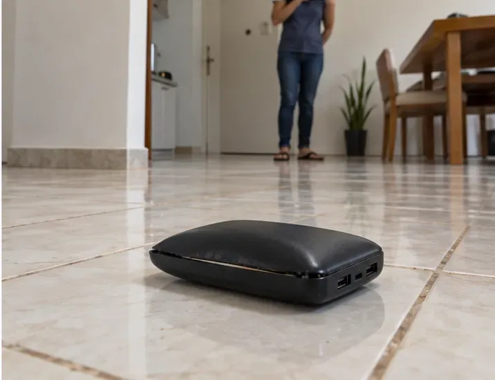Power bank com a carcaça abaulada sobre piso cerâmico, sem ninguém tocá-lo