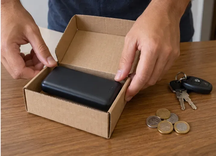 Um power bank íntegro é colocado inteiro em uma caixa de papelão, com chaves e moedas mantidas à parte